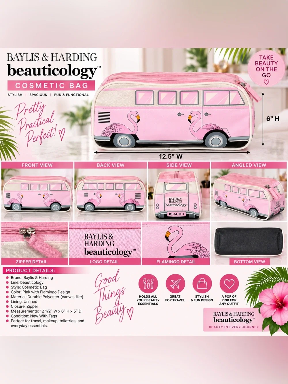 BAYLIS & HARDING BEAUTICOLOGY PINK FLAMINGO COSMETIC BAG (NEW WITH TAGS) A30